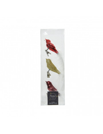 Bird On Clip Glass Shiny, Glitter White Feather Tail Mix Red