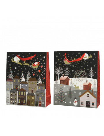 Giftbag Paper Rectangle Glitter Village With Handle 2Ass Black/Colour(S) L18.00-W50.00-H72.00Cm