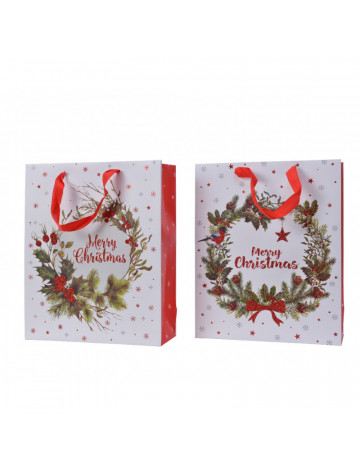 Giftbag Paper Rectangle Red Glitter Wreath With Handle 2Ass Multi