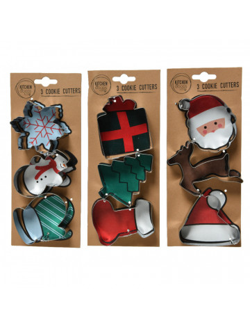 Cutter Stainl Steel Deer, Present, Sock, Glove, Cookie, Snowmen, Snowflake 3Ass Silver