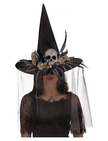 Καπέλο Μάγισσας Μαύρο Με Νεκροκεφαλή Και Πέπλο